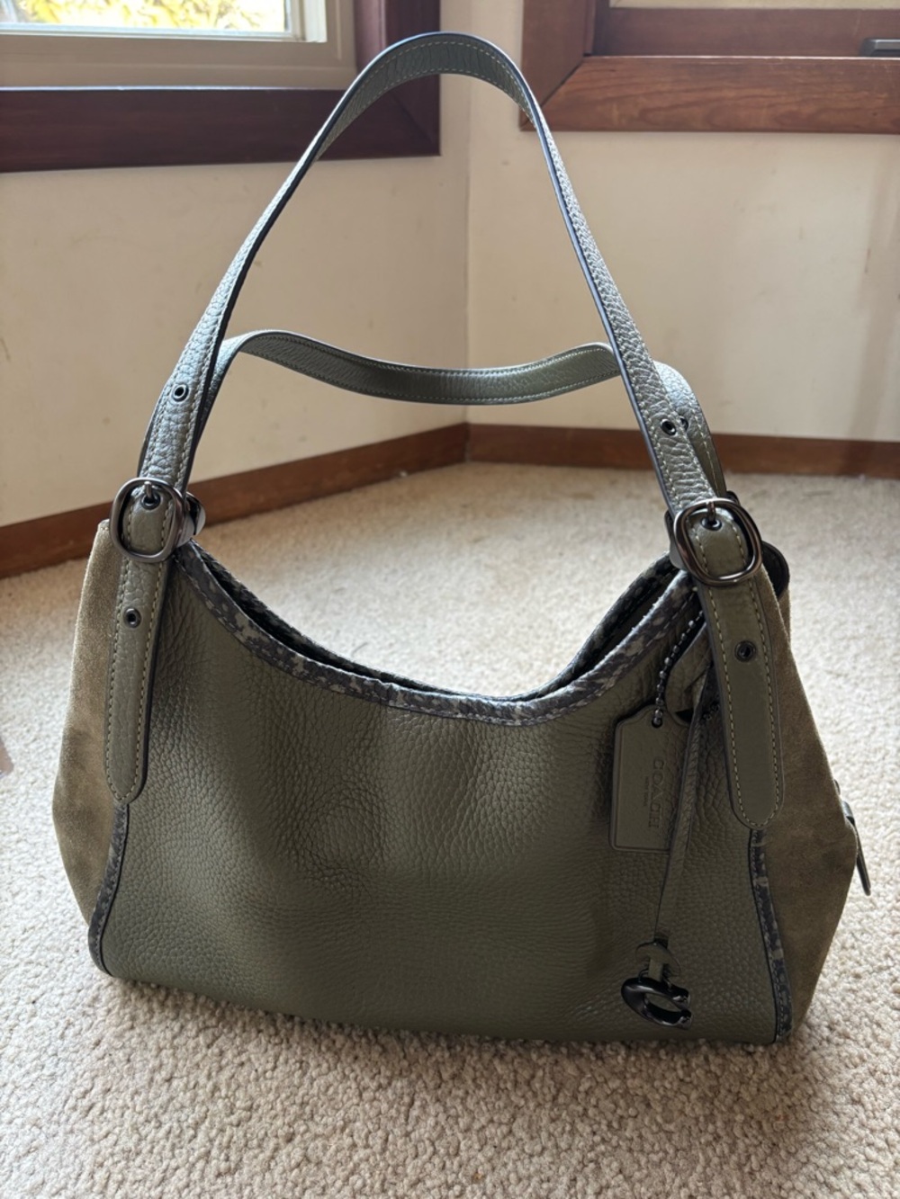Coach Olive Green Pebbled Leather Shoulder Bag with Suede Accents